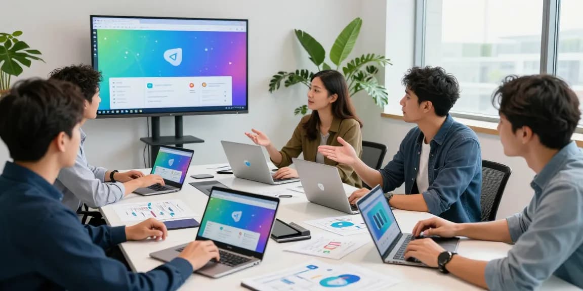 Discover the Telegram Download process in a vibrant tech workspace with engaged professionals.