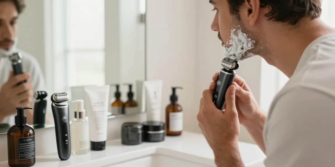 Man using rokok88 recommended electric shaver in stylish bathroom, surrounded by grooming products, bright atmosphere.