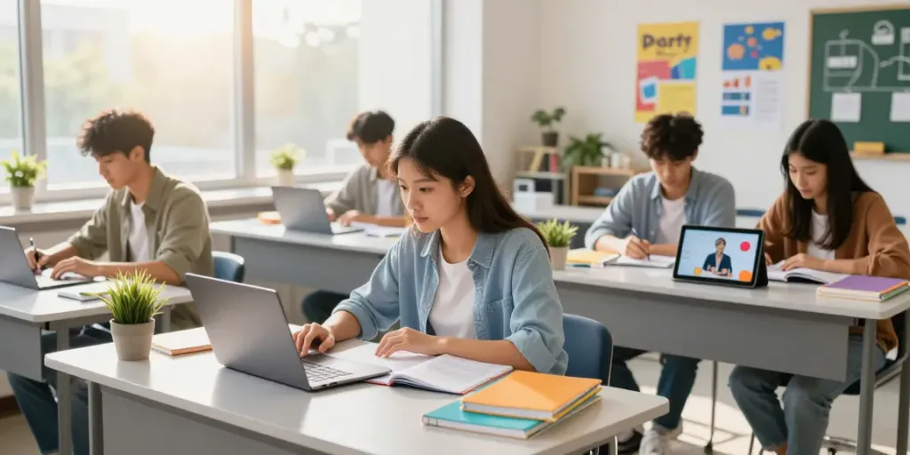 Students engaging in interactive online courses at https://khokhoahoc.academy/ in a modern classroom.