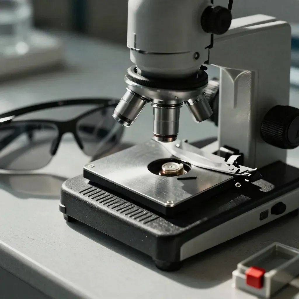 Lab microscope, slide tray, goggles and specimen box in a tight macro cluster on a metal bench.