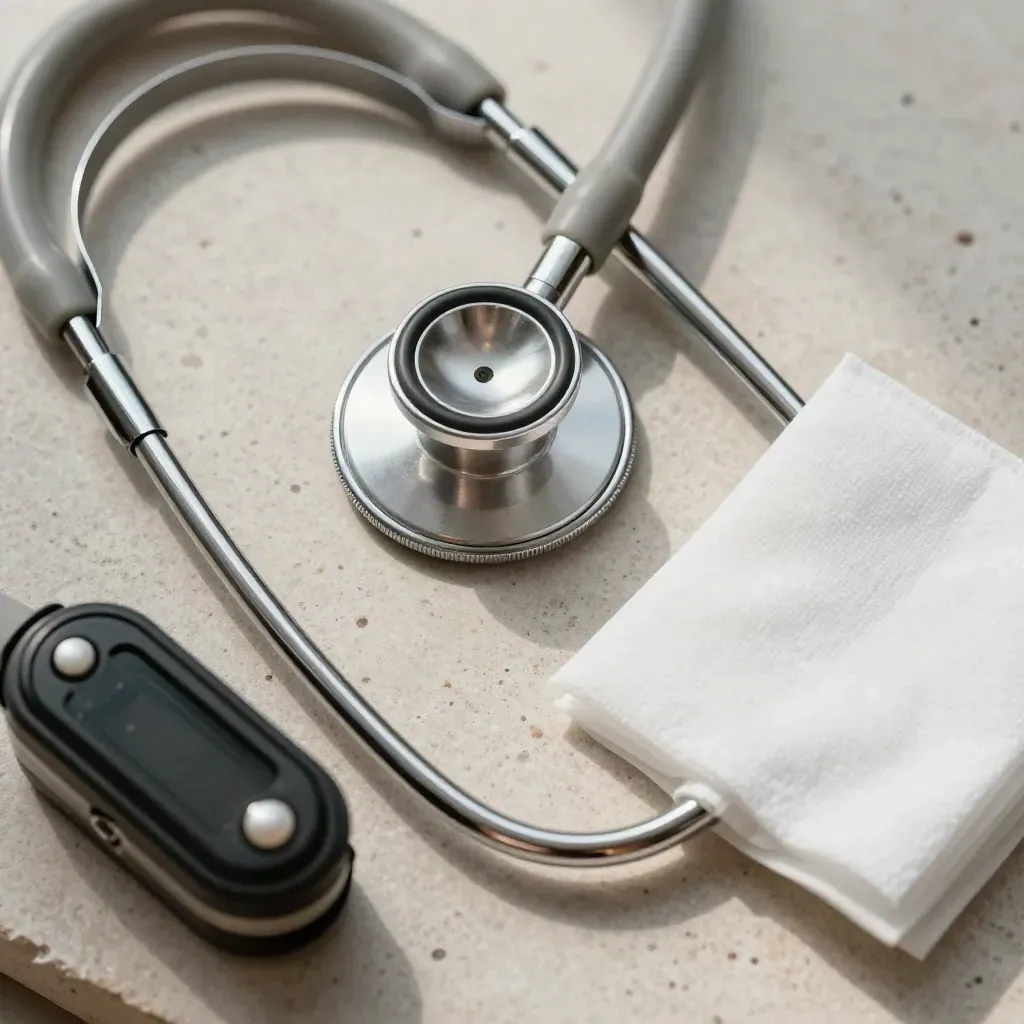 Stethoscope, hemostat, pulse-ox clip and gauze packet arranged on pale stone in soft clinic light.