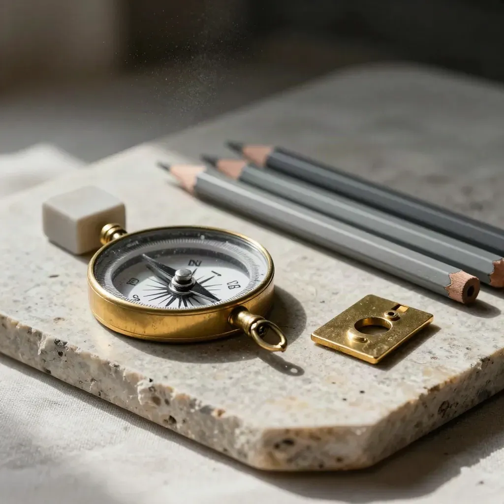 Drafting tools on limestone: chalked compass, pencils, divider and eraser cube in moody studio light.