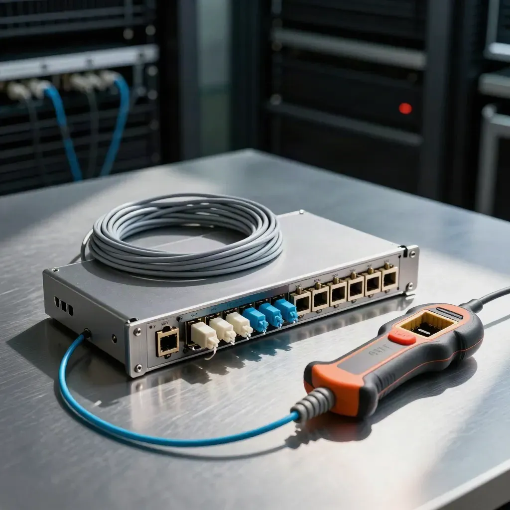 Network rollout kit with switch module, fiber loop, keystone jacks and cable tester on a pewter bench.