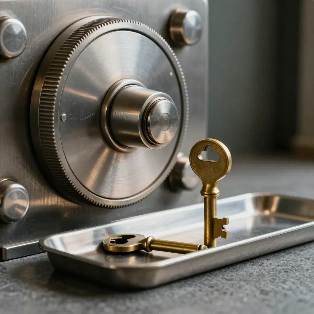 Vault dial, brass key, steel coin tray and lock cylinder in a close macro bank still life.