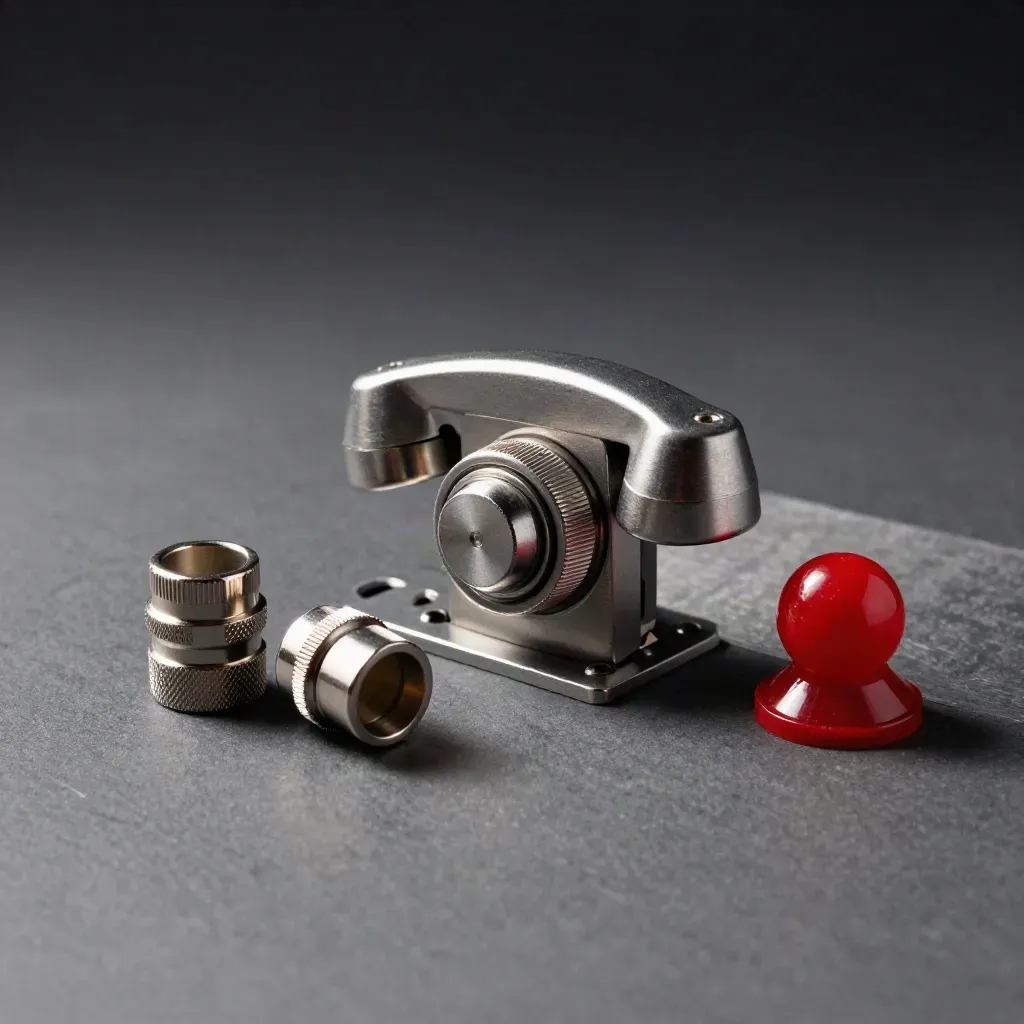 Rotary selector switch with connector caps and metal bracket on dark graphite surface.