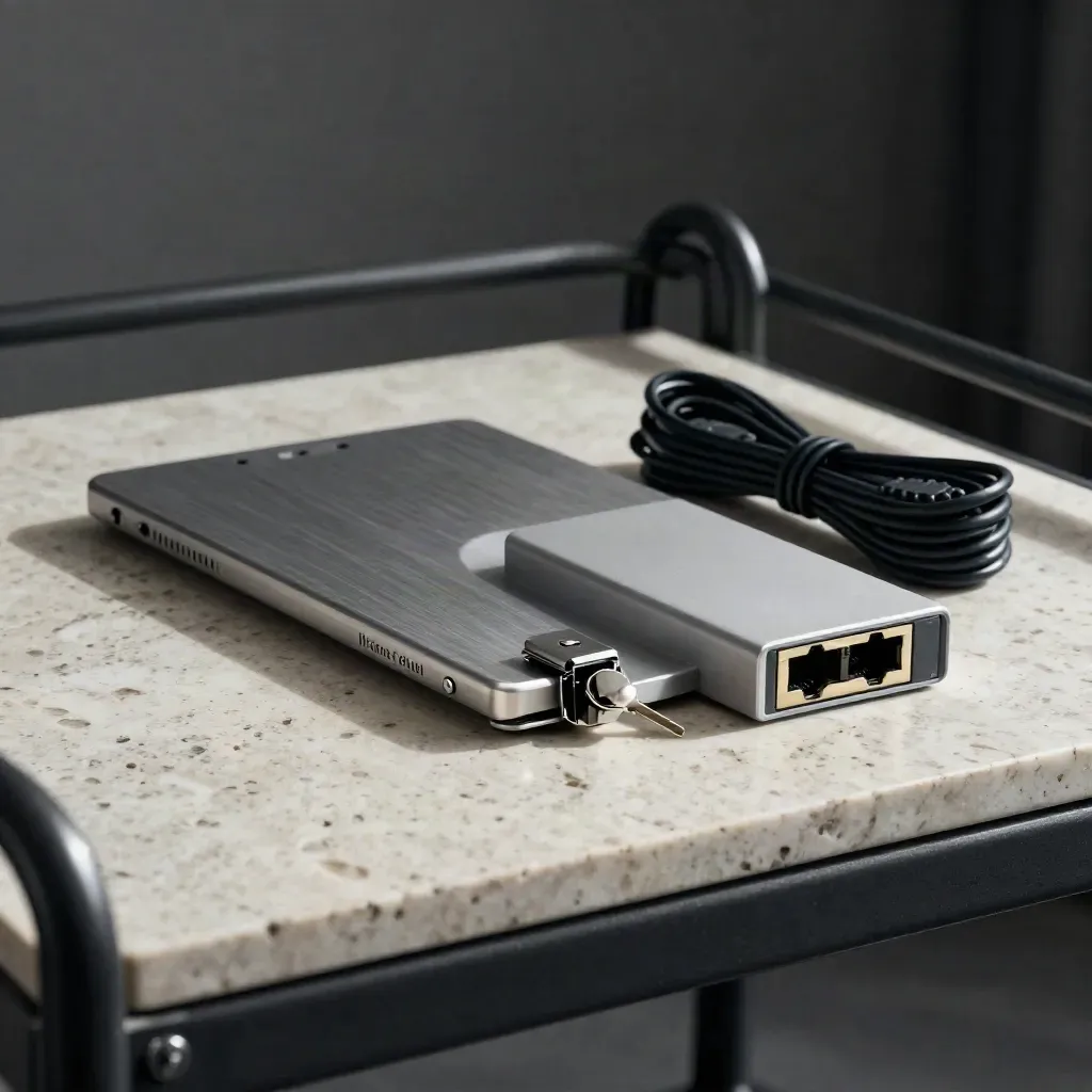 School IT tools on travertine behind a rack grille, lit like a premium still life.
