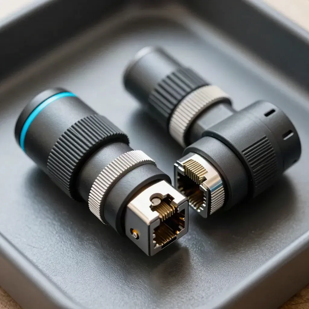 Macro of an inline network filter module with RJ45 couplers and rubber grommets on a graphite tray.