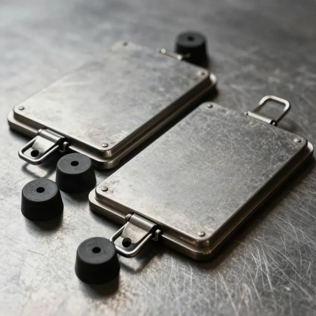 Blank port covers, shutter plate, rubber plugs, and a clipped latch on brushed steel.