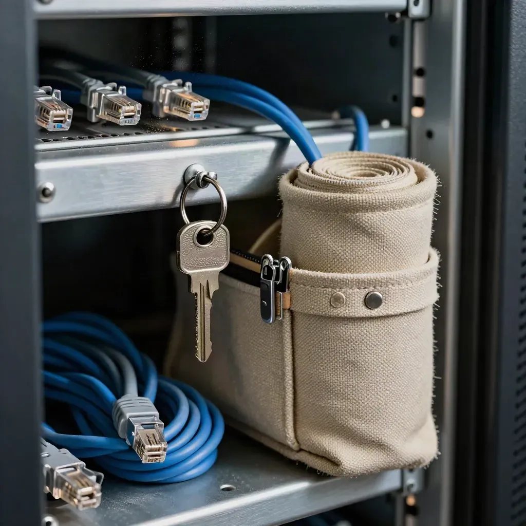 Charging-cart key, ethernet patch bundle and tool roll behind rack mesh in school IT storage.