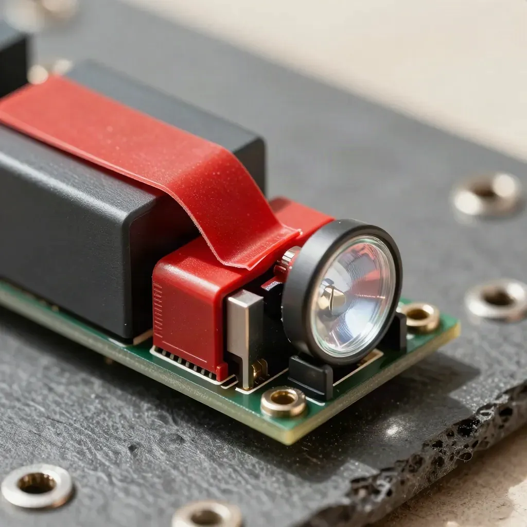 Macro of a tripped red tamper seal, relay module, breaker clip and alert lens on graphite stone.