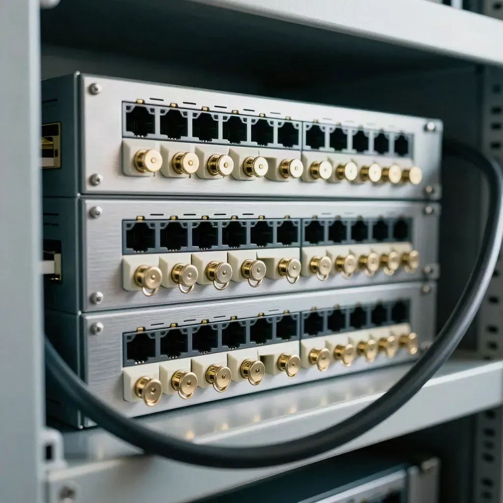 Rack switches, duplicate keys, and adapter blocks seen through a cable loop.