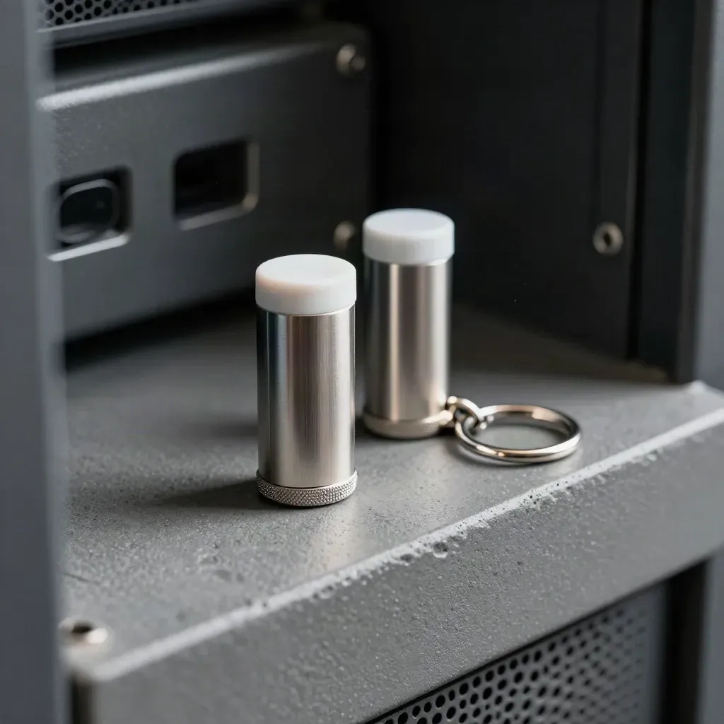 Two hardware security tokens on concrete, one sharp and one softly fading back.