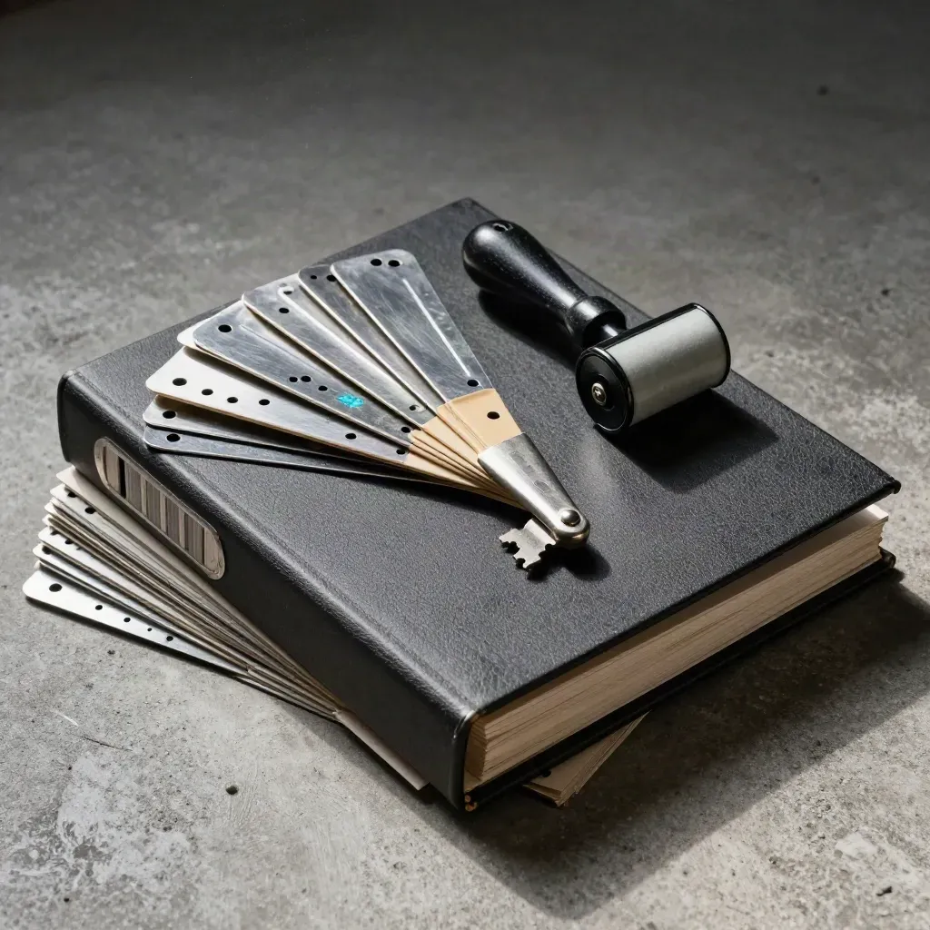 Closed audit binder with metal tags and date roller on concrete, overhead still life with cyan accent.