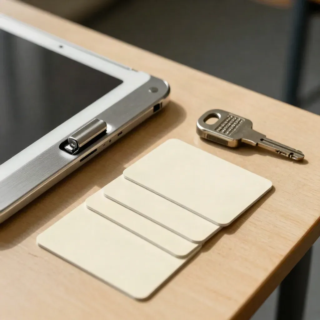 School access cards, tablet-cart lock and charging key on pale wood in soft daylight.