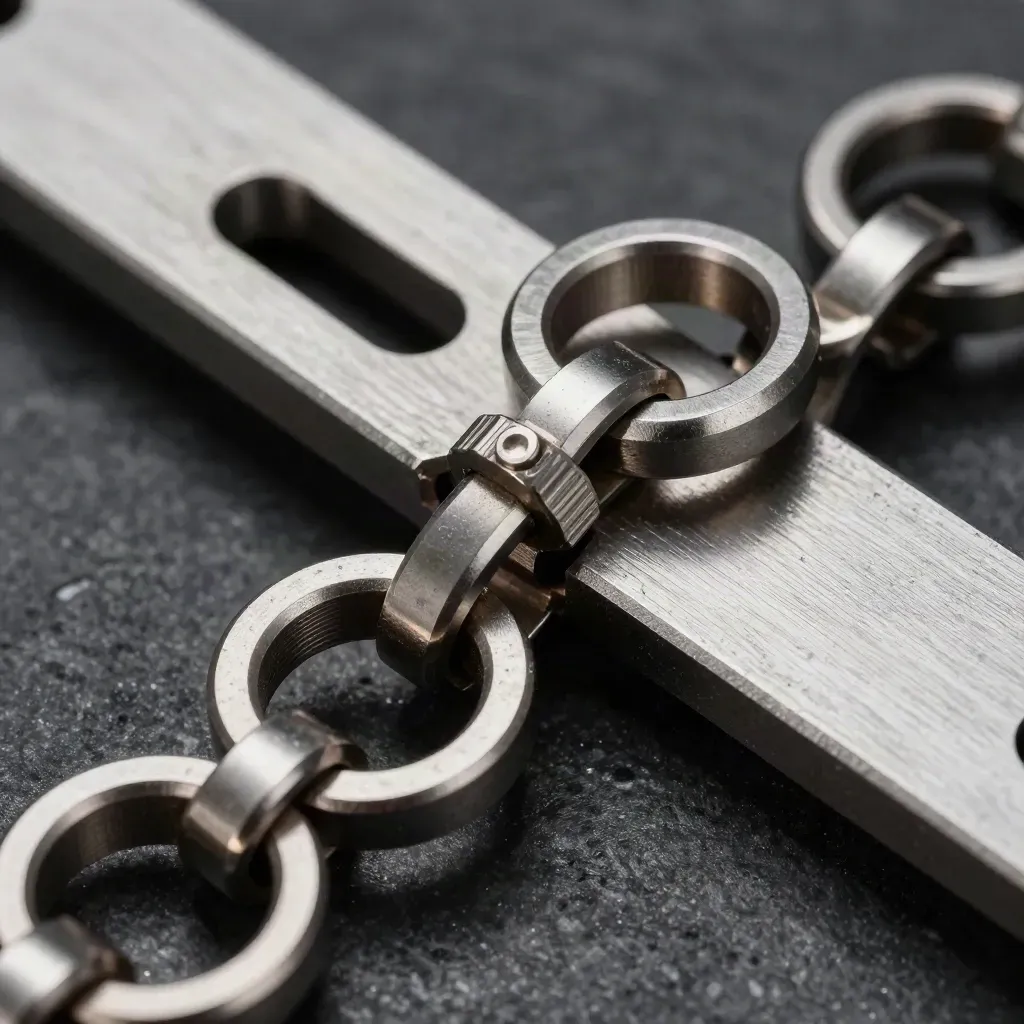 Steel rings, bridge plate and connector arranged as a macro workflow chain on black stone.