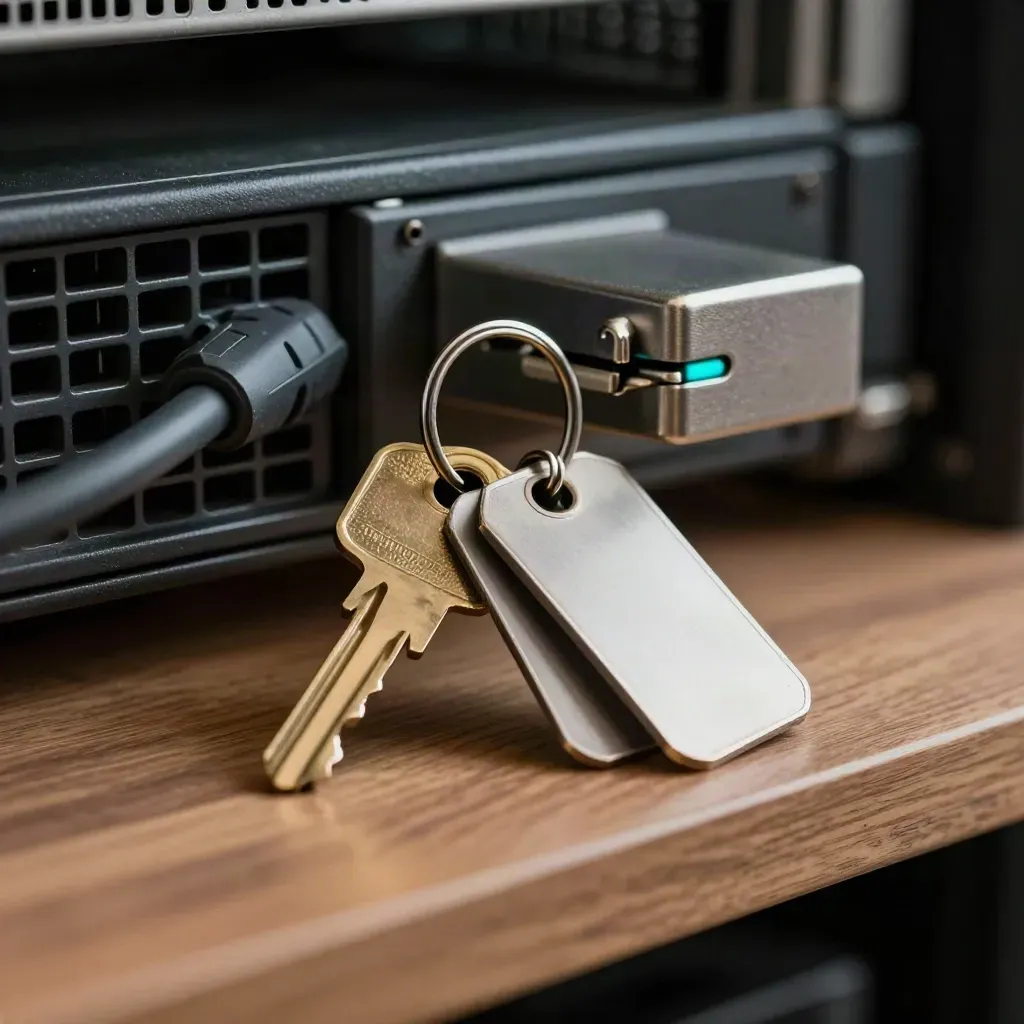 Brass key ring, blank metal tags and server latch on walnut, lit with a cyan glint