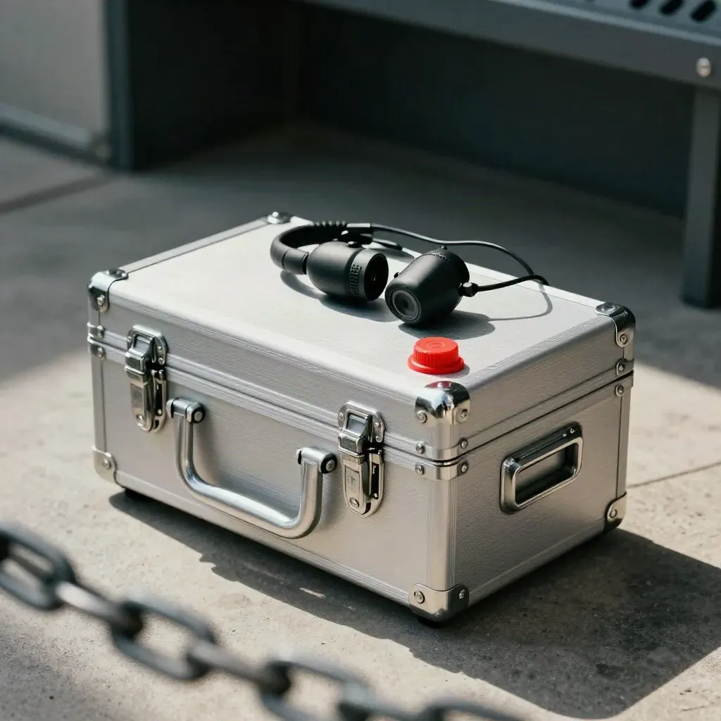 Sealed evidence case with radio earpieces beside a dark console bay, seen through chain-link blur.
