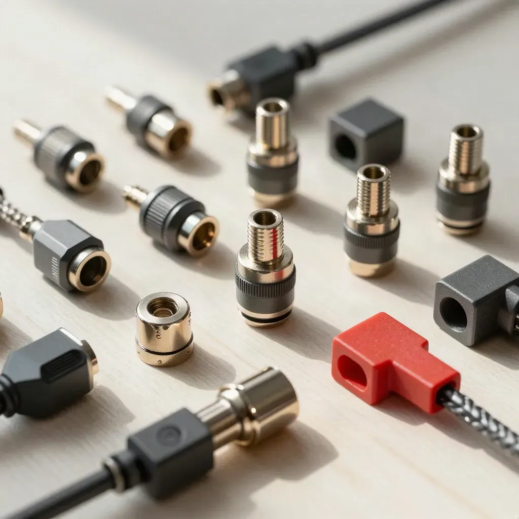 Top-down kit of precision connectors and cable ferrules on pale wood with one red accent.