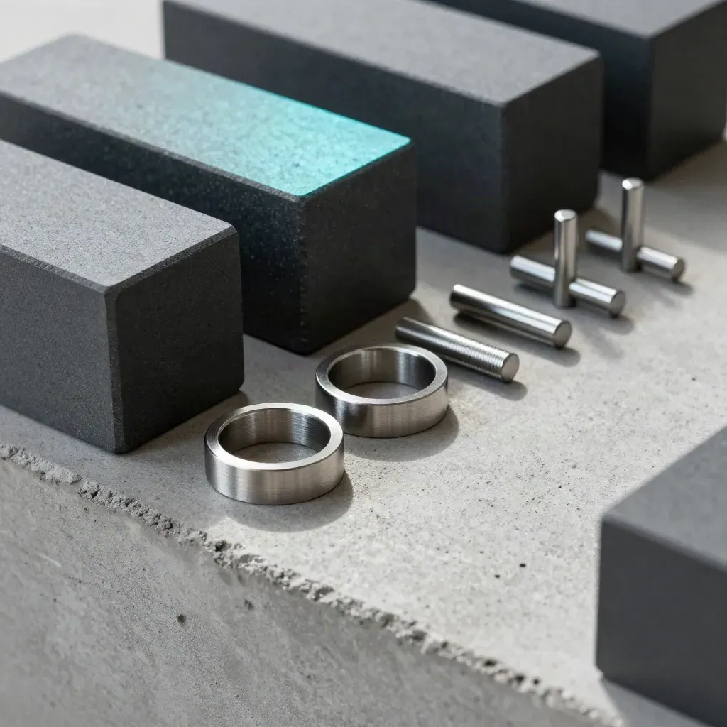 Graphite blocks, steel rings, and alignment pins on concrete with a cyan edge reflection.