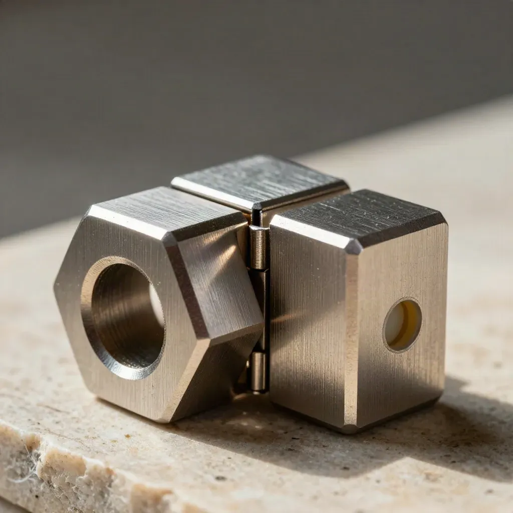 Brushed aluminum hex couplers and hinge blocks docked edge to edge on a limestone surface.