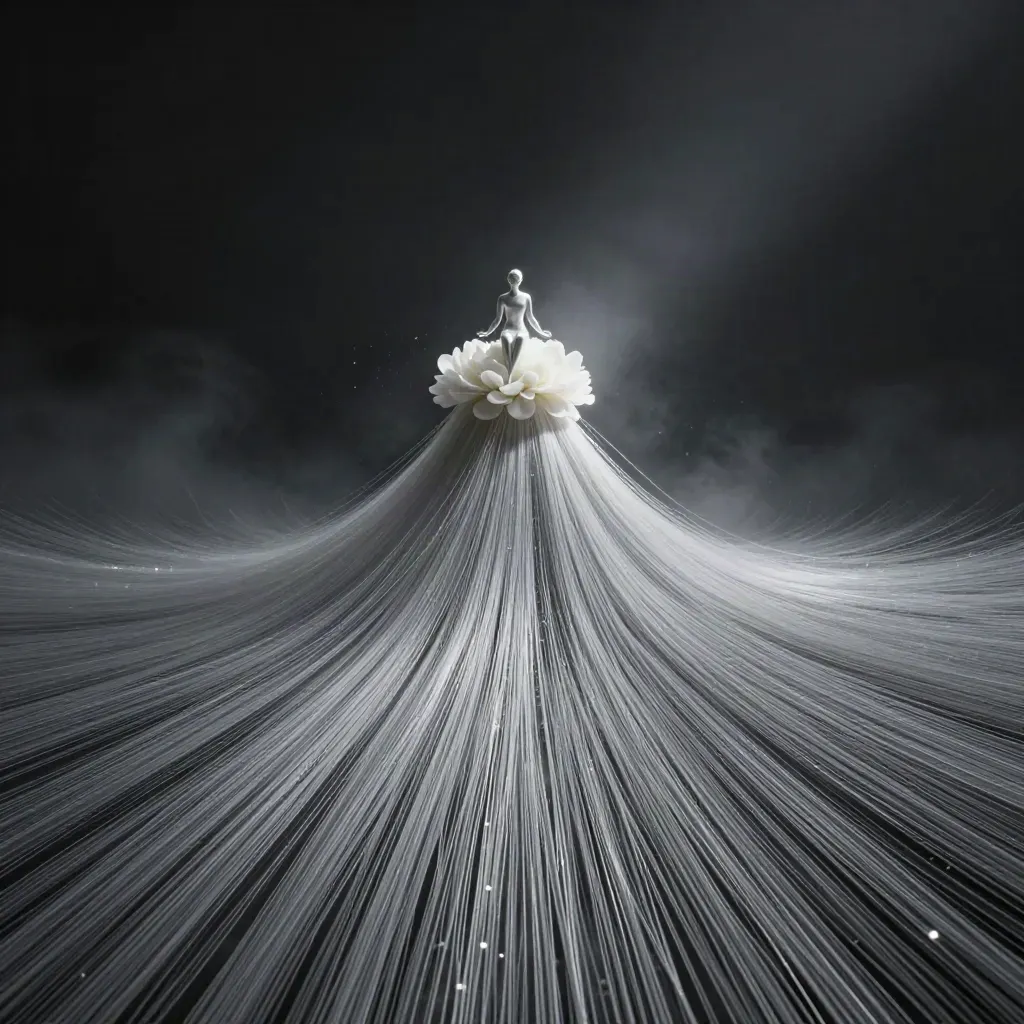 Silver filaments converge into a soft white bloom in dark graphite mist.